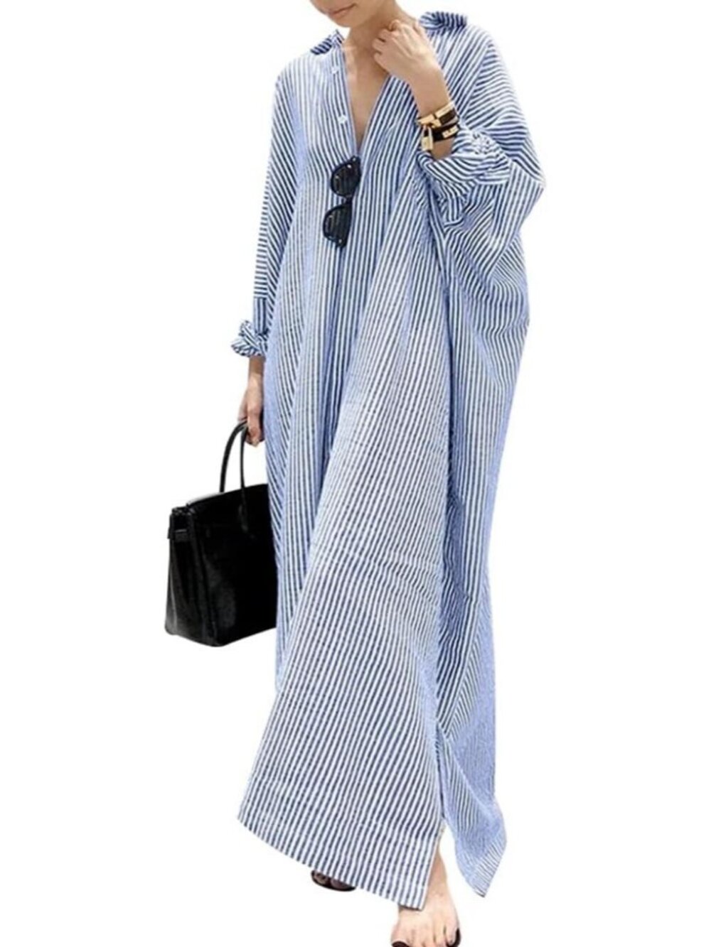Women's Blue Long Sleeve Button Down Loose Striped Cotton Maxi Shirt Dress - Picture 1 of 5